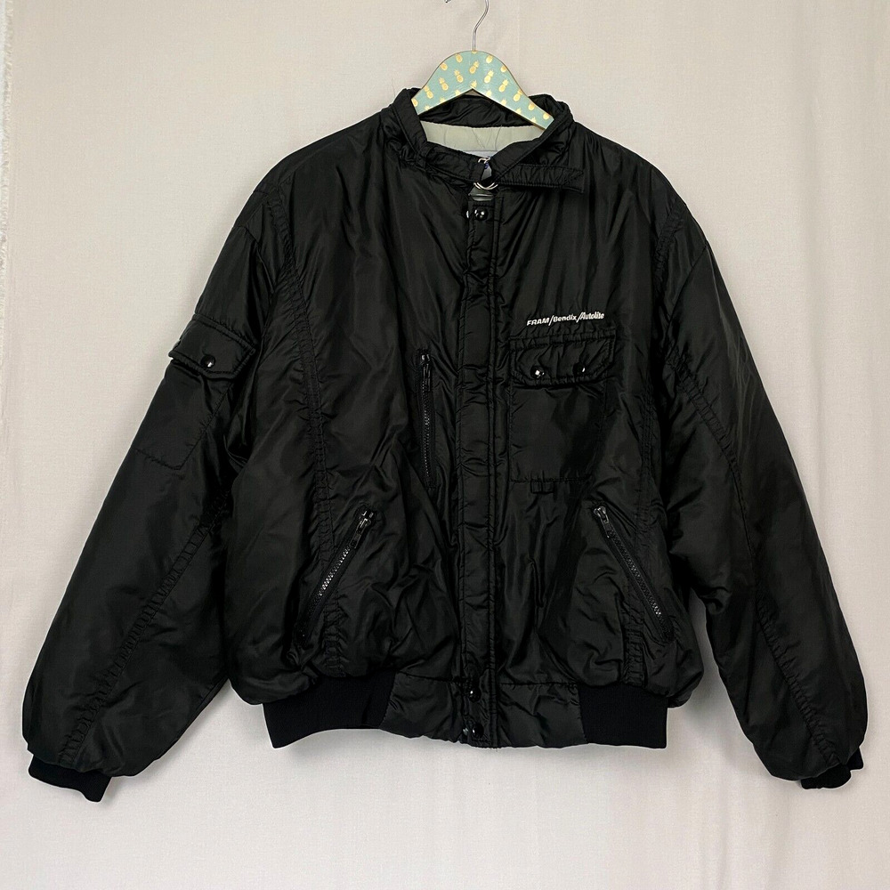 Vintage Swingster Bomber Jacket Mens XXL Black Fram Bendix Autolite Mechanic 2XL